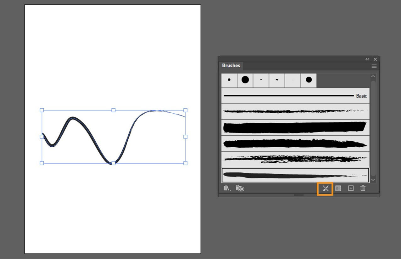 With a Brush stroke selected on the artboard, the Brushes panel is open. The Brushes panel shows a list of brushes and highlighted Remove Brush Stroke icon that looks like a slashed Paintbrush tool. A selected brushed path is displayed on the canvas.