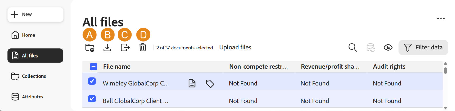 All files table with a selected file and actions for adding to a collection, downloading, exporting extracted data, and deleting.