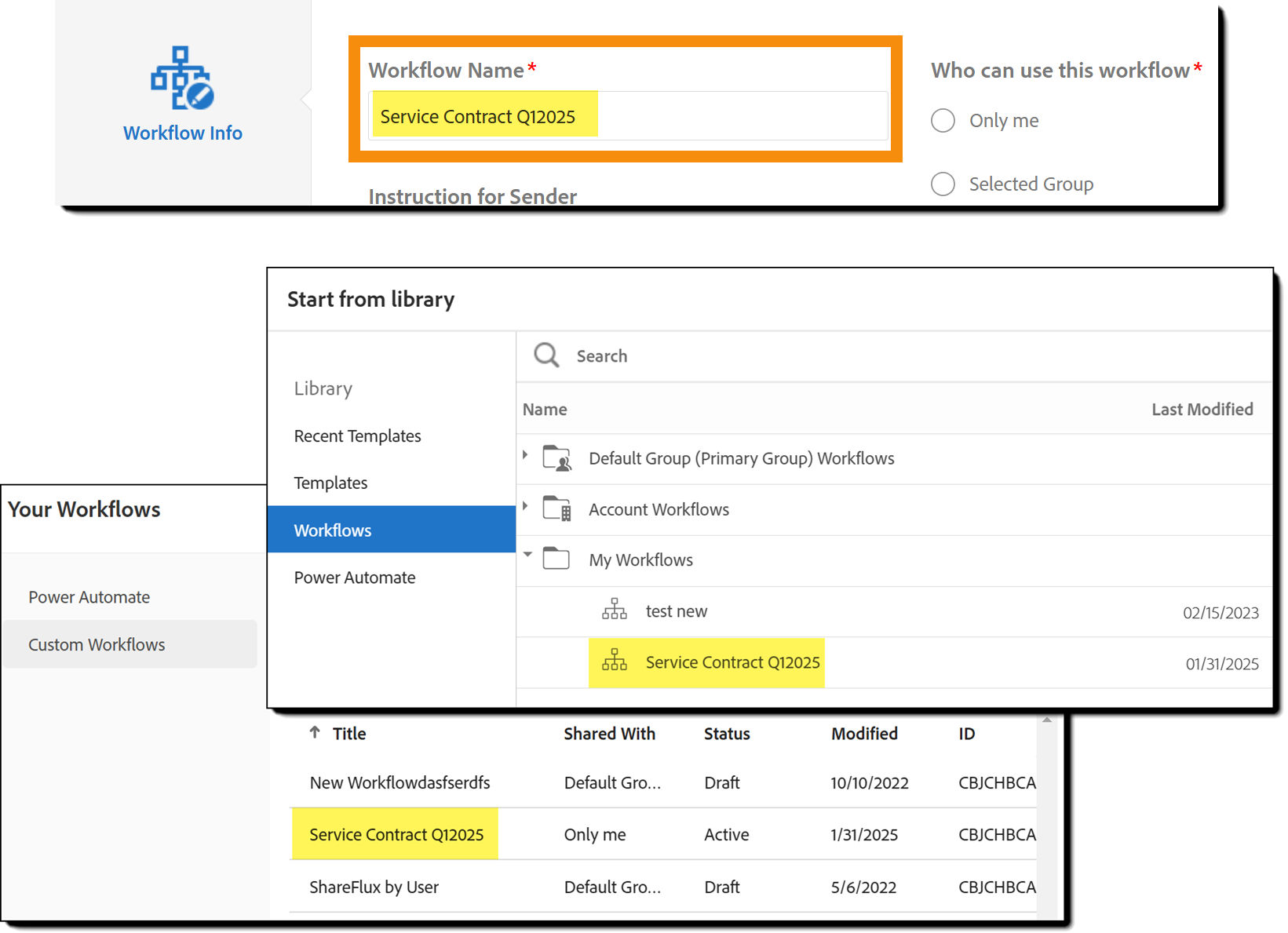 Examples of the workflow name in the library picker and workflow list.