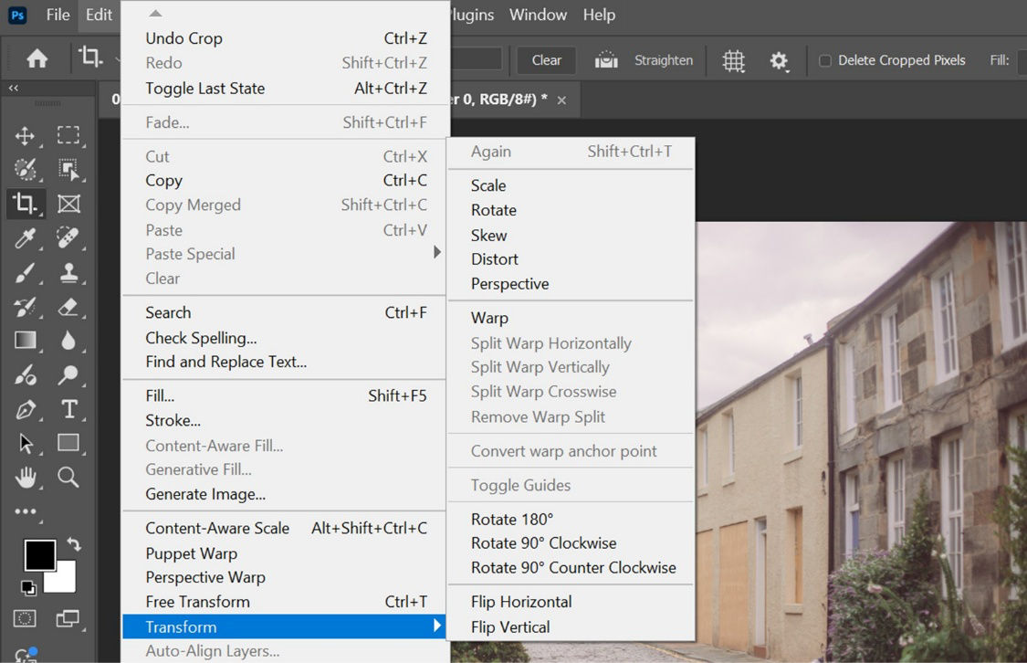 Workspace with the Edit menu expanded to the Transform submenu, showing rotate and flip options above an open image.