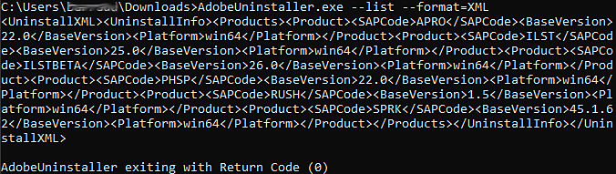 XML output of the AdobeUninstaller --list --format=XML command, showing SAP code, base version, and platform for each installed app.