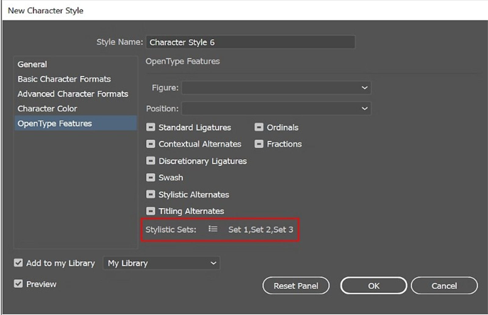 You can apply a stylistic set to a selected text block, replacing the default glyphs in the font with the alternate glyphs, using this dialog box.