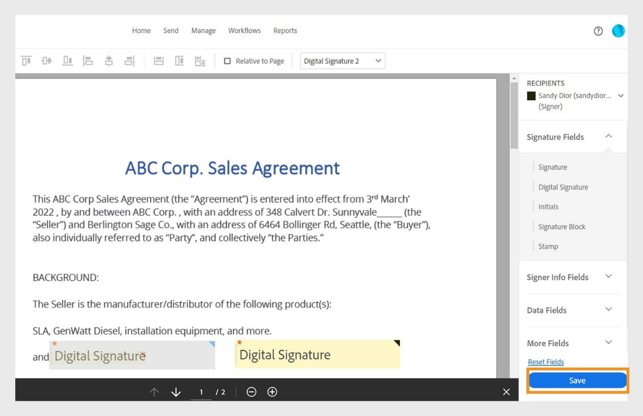The web form fields panel shows different types of fields, a Reset Fields button, and a highlighted Save button. 