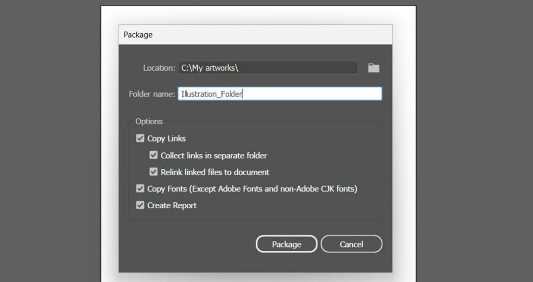 You can gather the files you’ve used, including fonts (except Chinese, Korean, and Japanese) and linked graphics, for easy handoff. When you package a file, you create a folder that contains the Illustrator document, any necessary fonts, linked graphics, and a package report. This report, which is saved as a text file, includes the information about the packaged files.