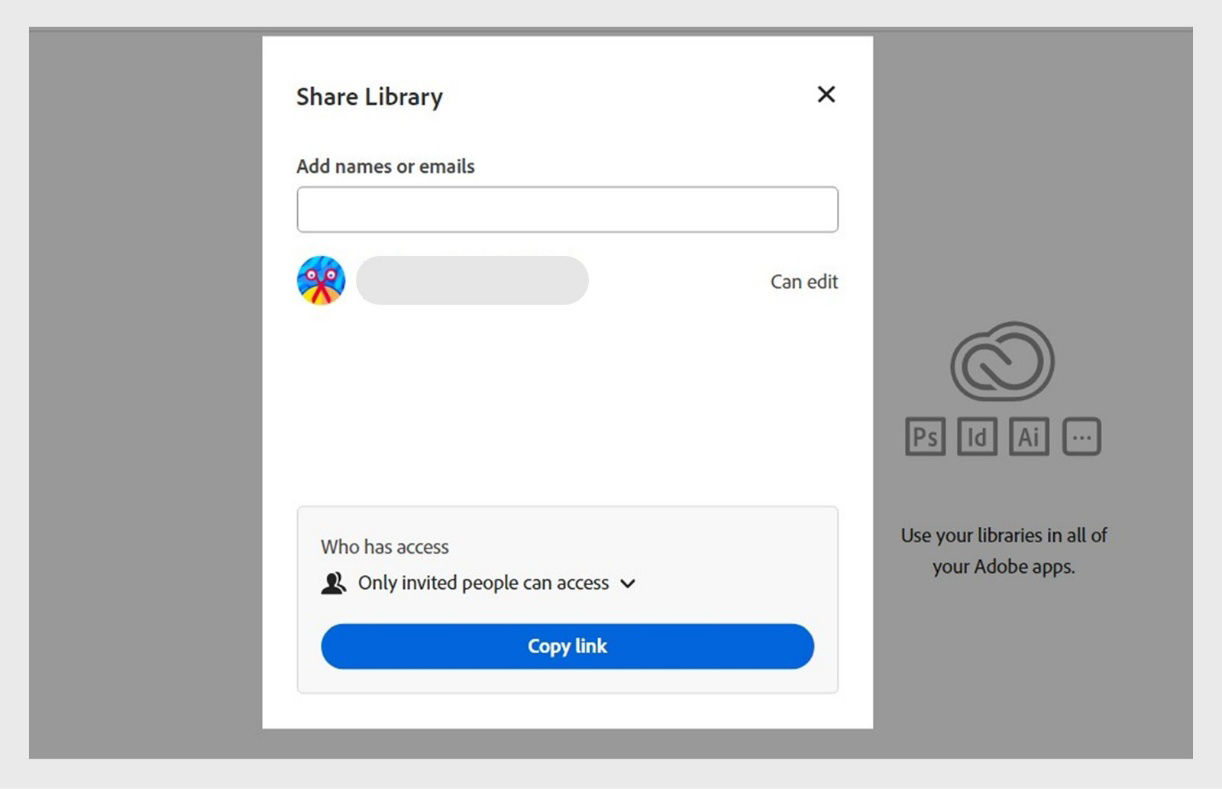 You can share your libraries with other users for them to view, edit, use, rename, move, or delete the contents of the shared library. If another Creative Cloud subscriber has shared a library with you, you can further share it with other Creative Cloud users.