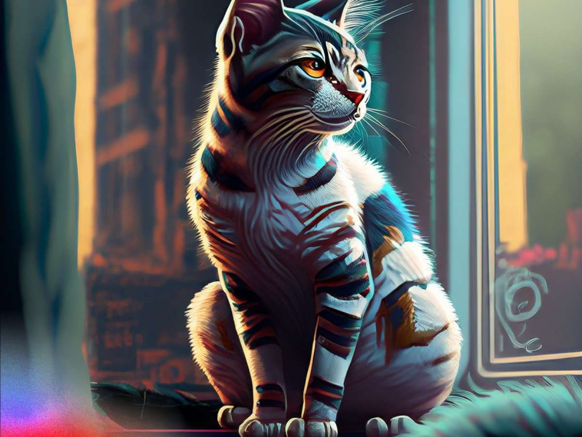 A Firefly-generated image of a detailed, stylized cat sitting upright in an indoor setting with soft, natural light.