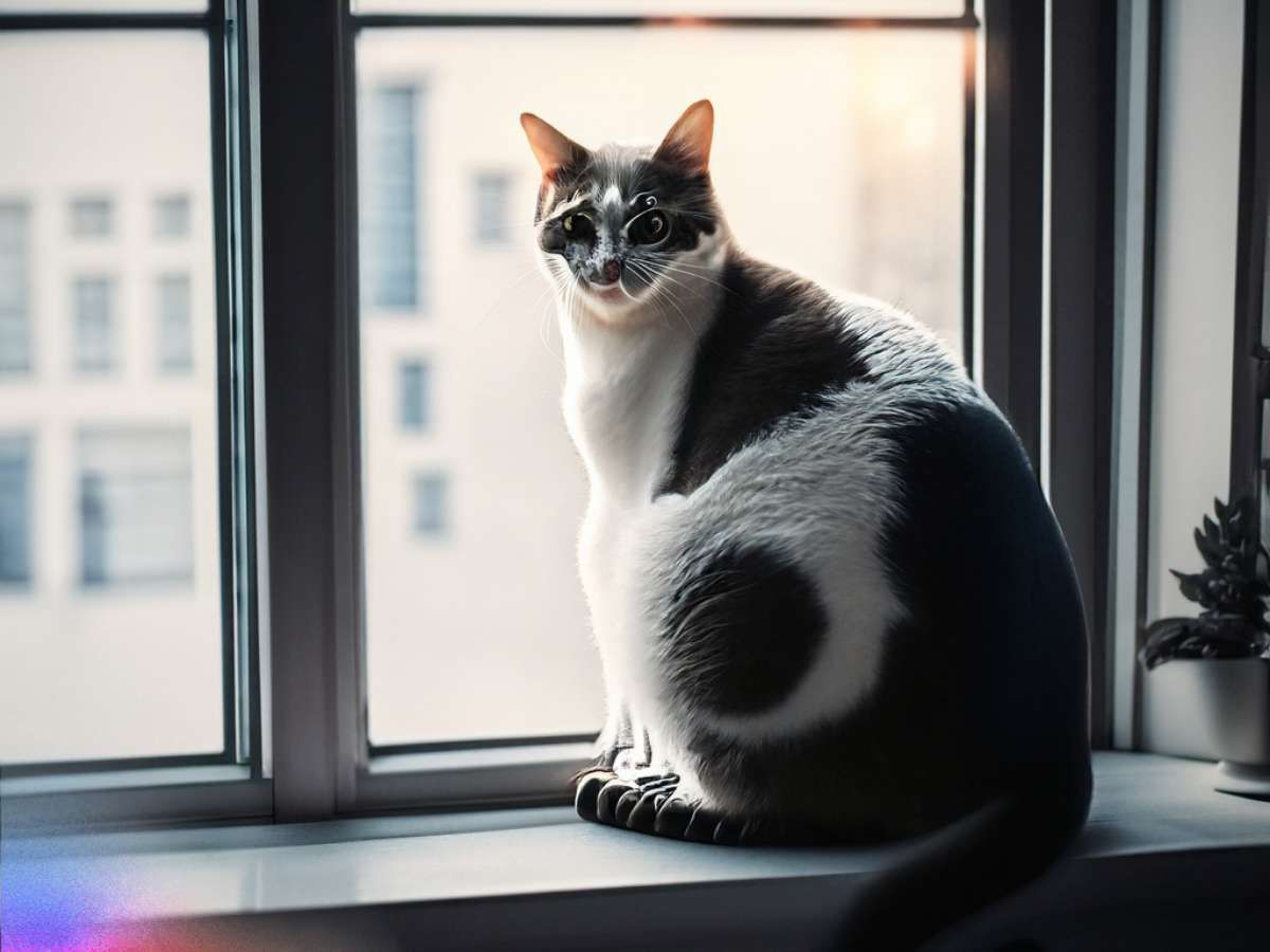 Firefly generated an image of a cat sitting on a windowsill, looking directly at the camera. Natural light illuminates the scene, which includes a small plant and an urban backdrop.