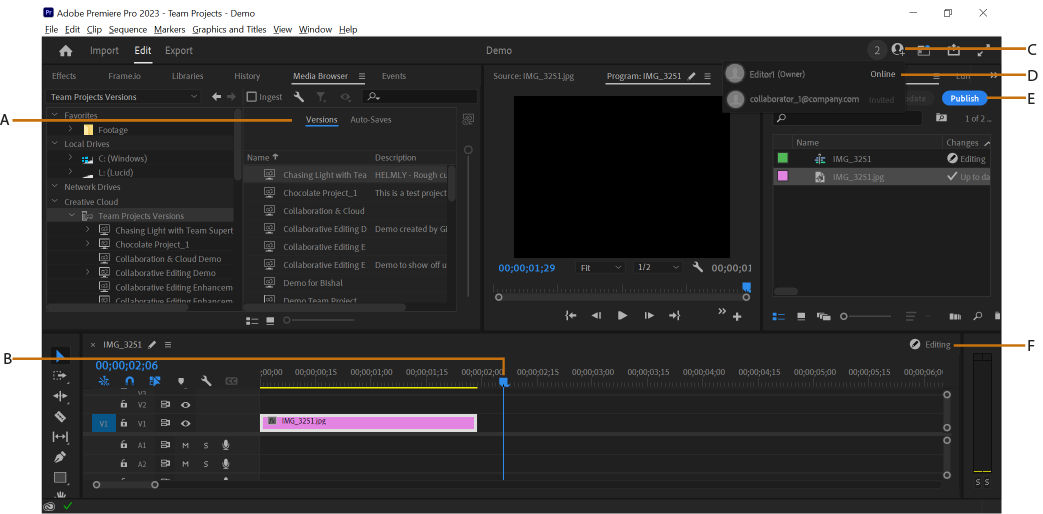 A typical view of the Team Projects window while collaborating in Premiere Pro.