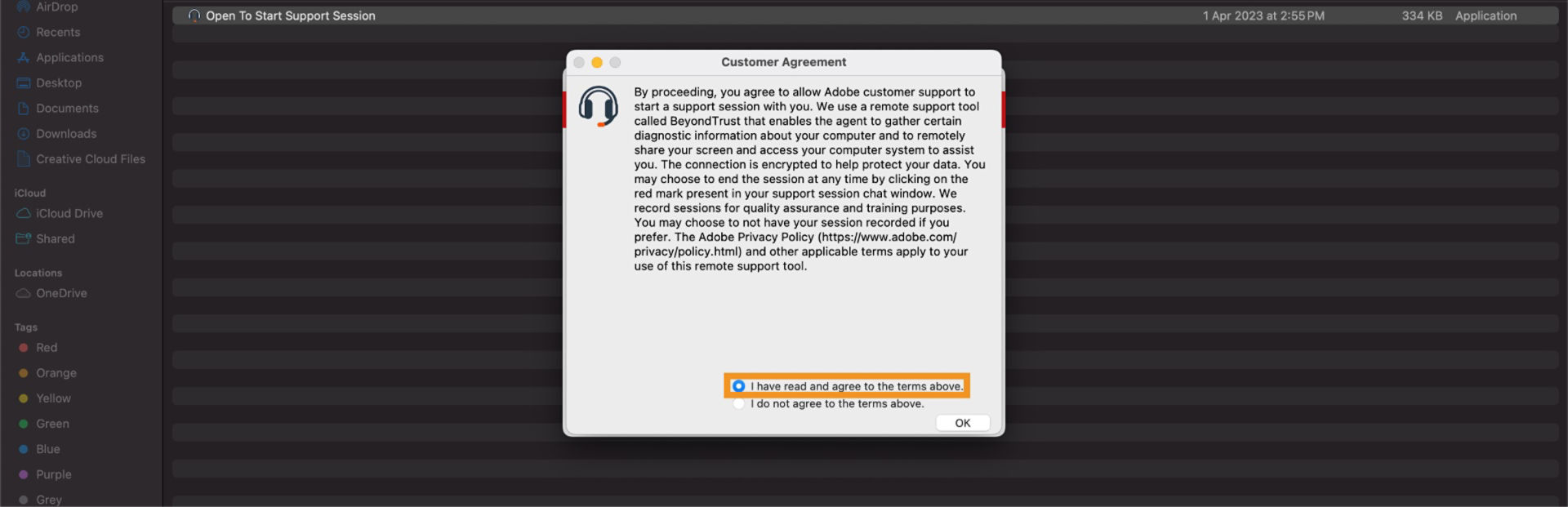 The Customer Agreement prompt asking if you have read the terms and agree to them, or if you disagree. You can proceed only if you agree to the terms. 