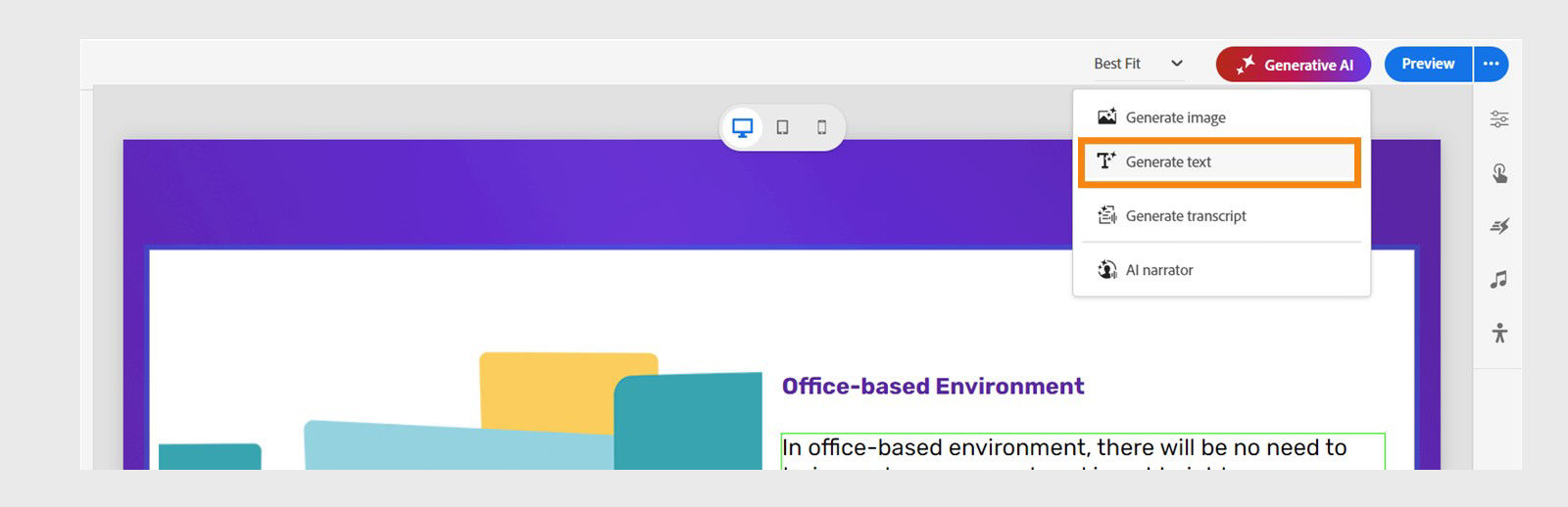 Generative AI dropdown menu with Generate text option highlighted