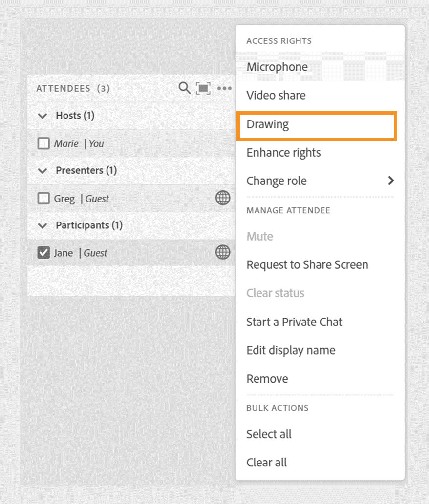 Enable drawing rights for individuals from the Attendees pod.