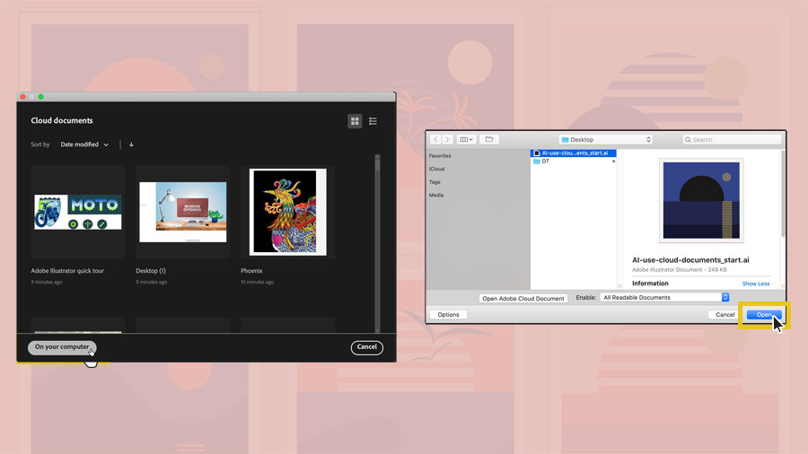 Clicking the On Your Computer button in the Cloud document window to save an Illustrator document locally