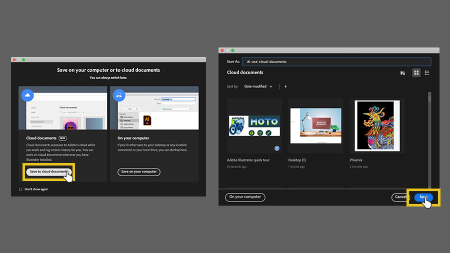 Clicking Save to Cloud documents button to save the Illustrator document as a cloud document in the Cloud documents window