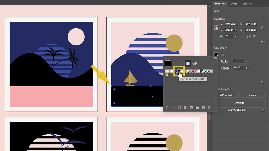 Edit the applied color to a selected shape in the Fill color panel