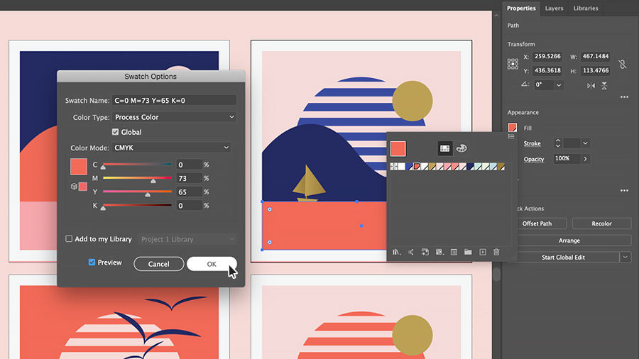 Change the color swatch values in the Swatch Options dialog box to edit a color globally