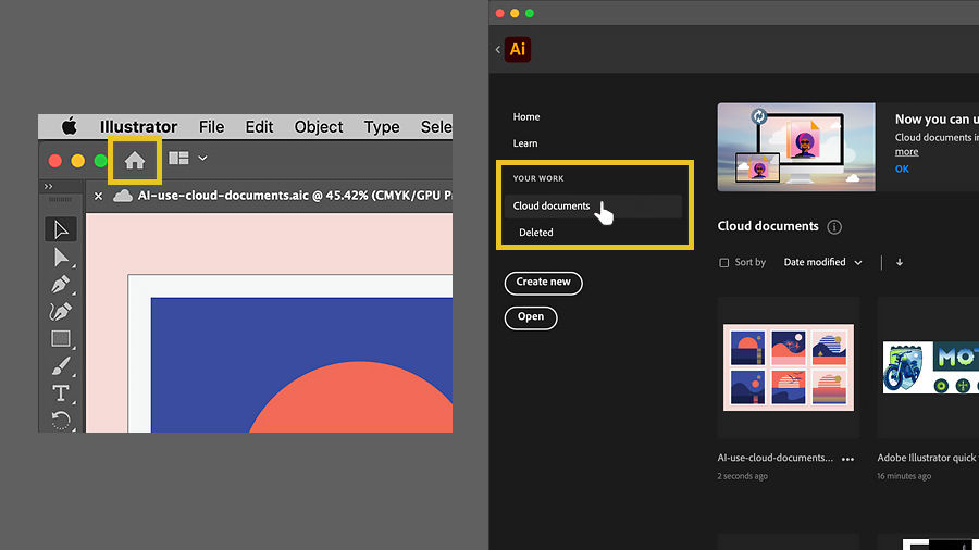 Accessing the home screen via the Home icon. In the Home screen, clicking Cloud Documents to show cloud documents