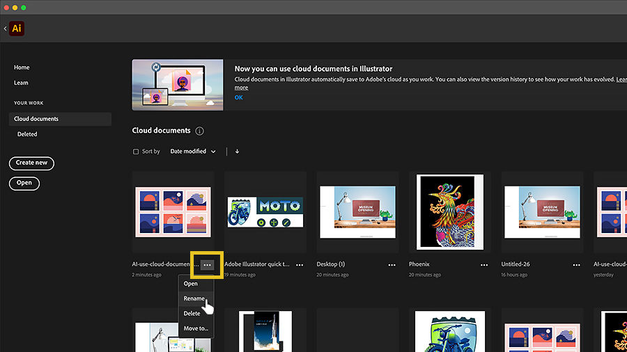 With cloud documents showing in the Home screen, renaming, deleting, and organizing cloud documents
