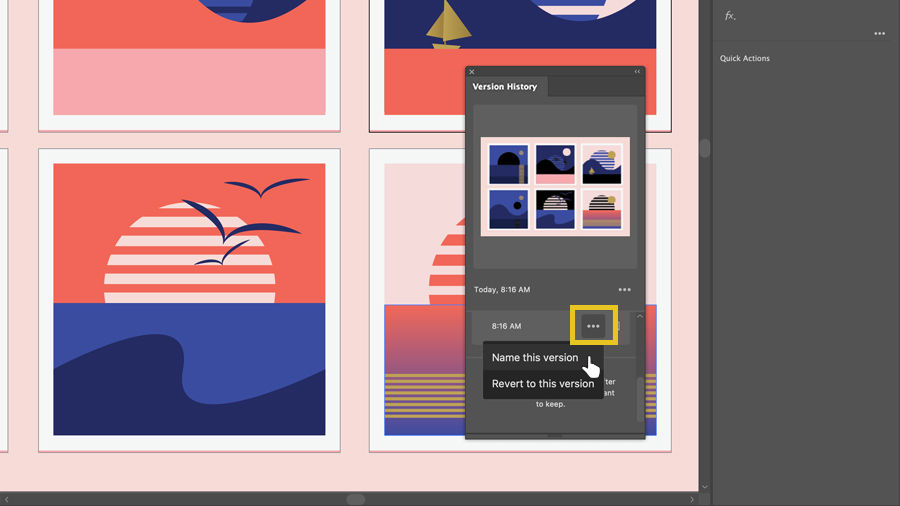 Revealing options for versions in the Version History pane
