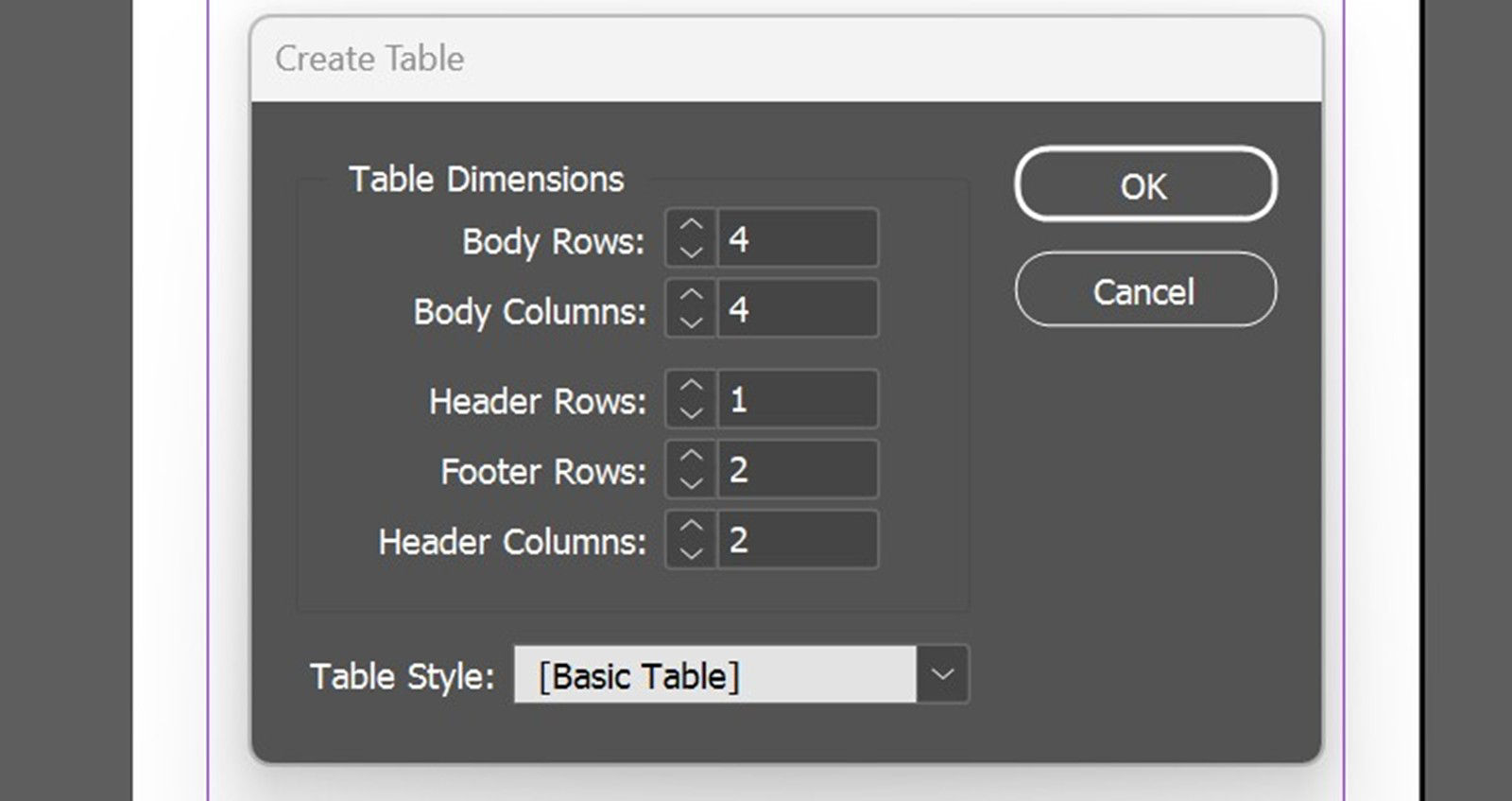 Create Table dialog box showing row fields, Header Columns, Table Style, and OK and Cancel buttons.