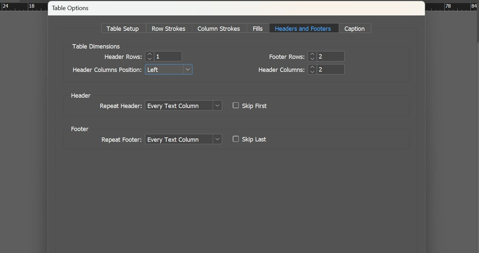 Headers and Footers tab in the Table Options dialog box showing settings for header rows, footer rows, and header columns.