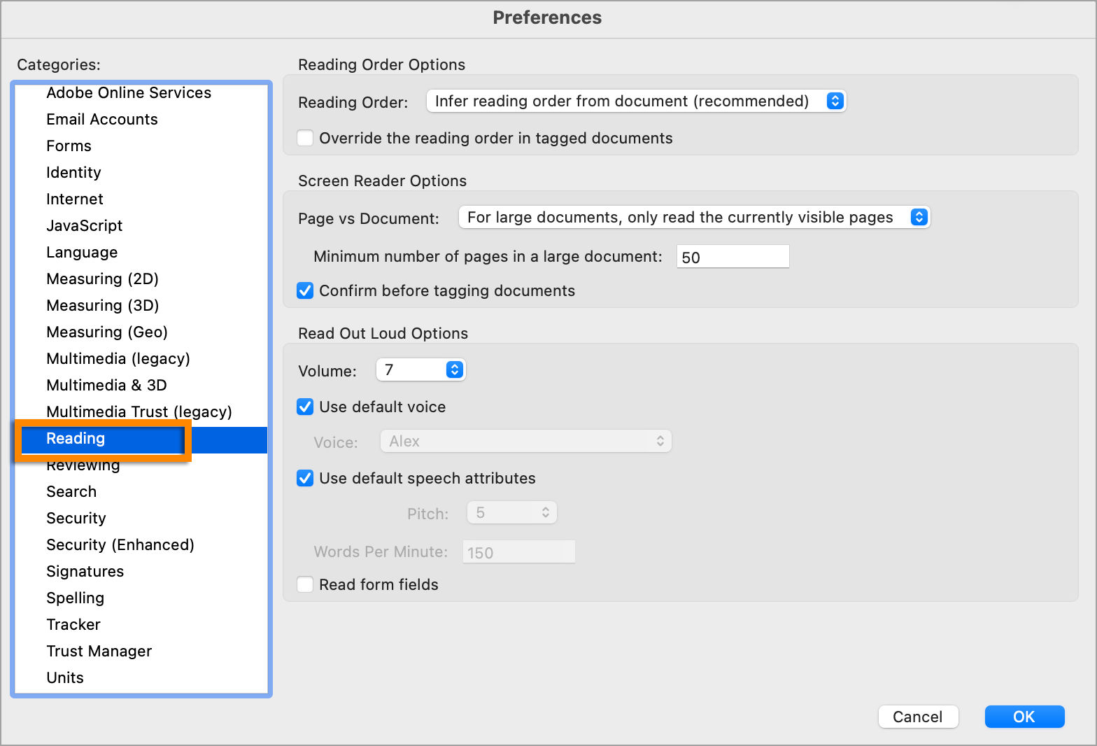 Accessibility preferences in Reading pane