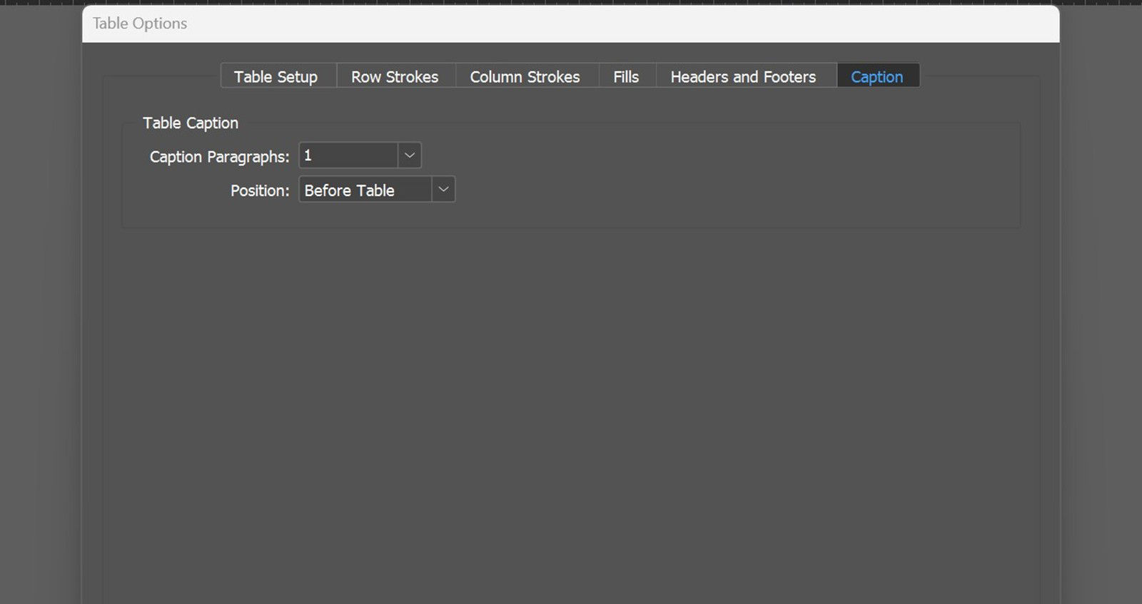 Table Options dialog box is open, Caption tab is selected, showing Caption Paragraphs set to 1 and Position set to Before Table.