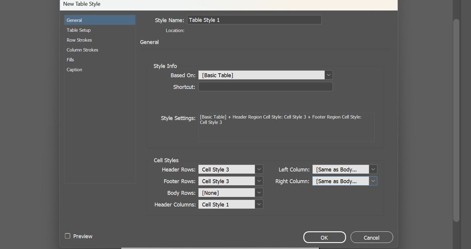 New Table Style dialog box showing header rows, footer rows, and header columns cell style option.
