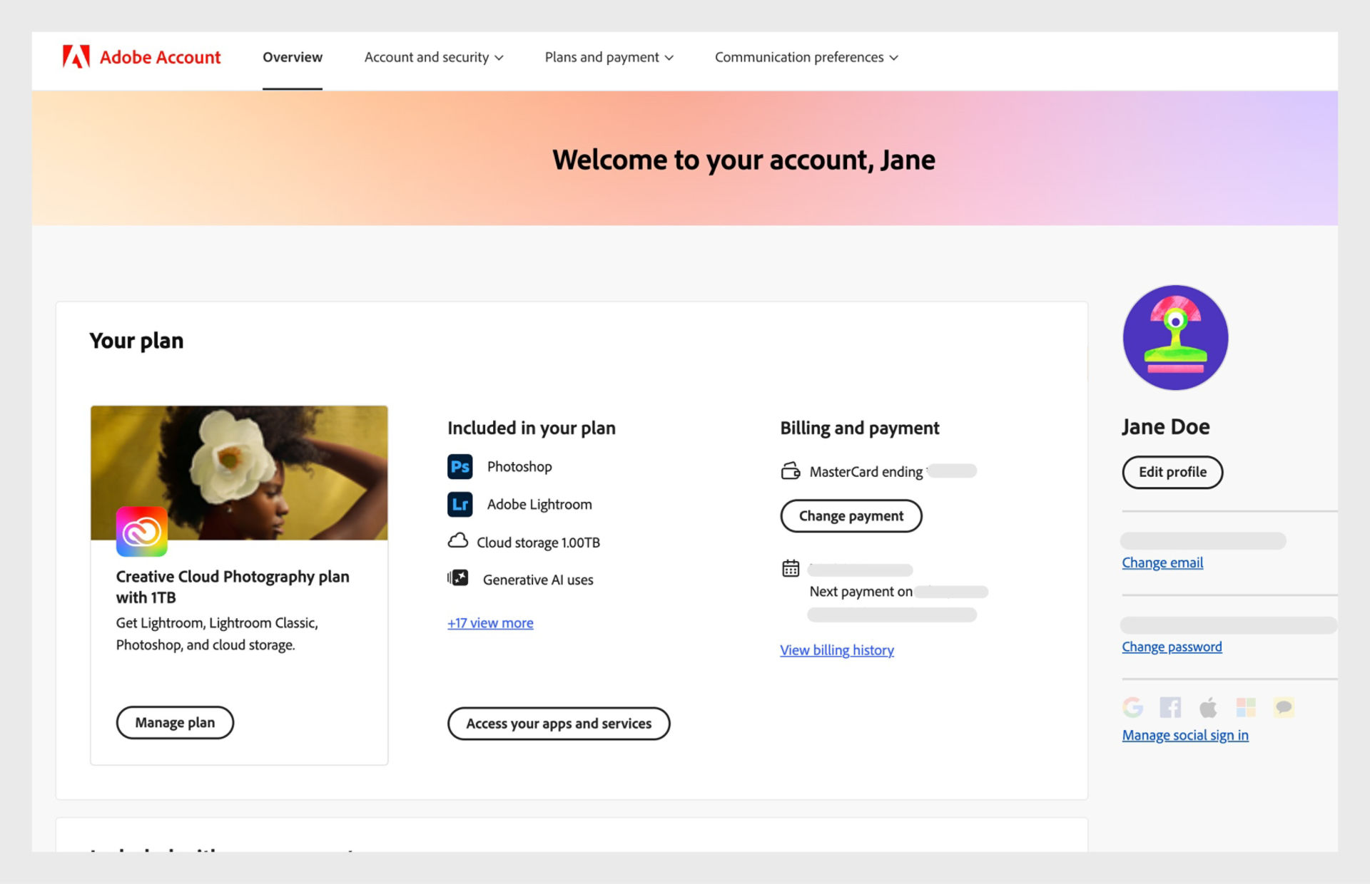 The overview page of your Adobe account shows your plan with options to manage plan, access apps and services, edit billing and payment, view billing history, edit profile, and more. 