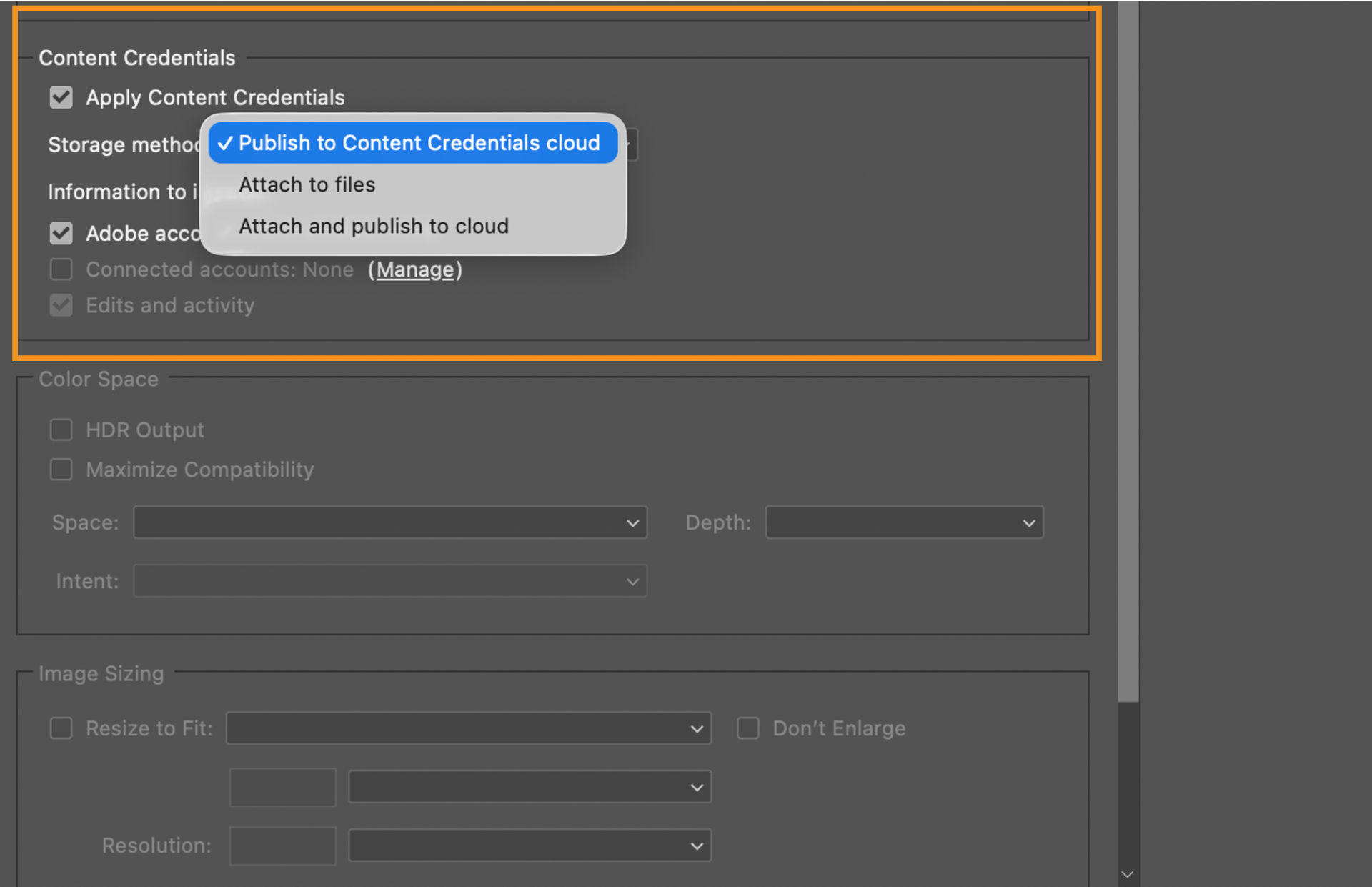 The Content Credentials section of the Export dialog with the Storage method menu expanded, showing options to Publish to Content Credentials cloud, Attach to files, or Attach and publish to cloud.