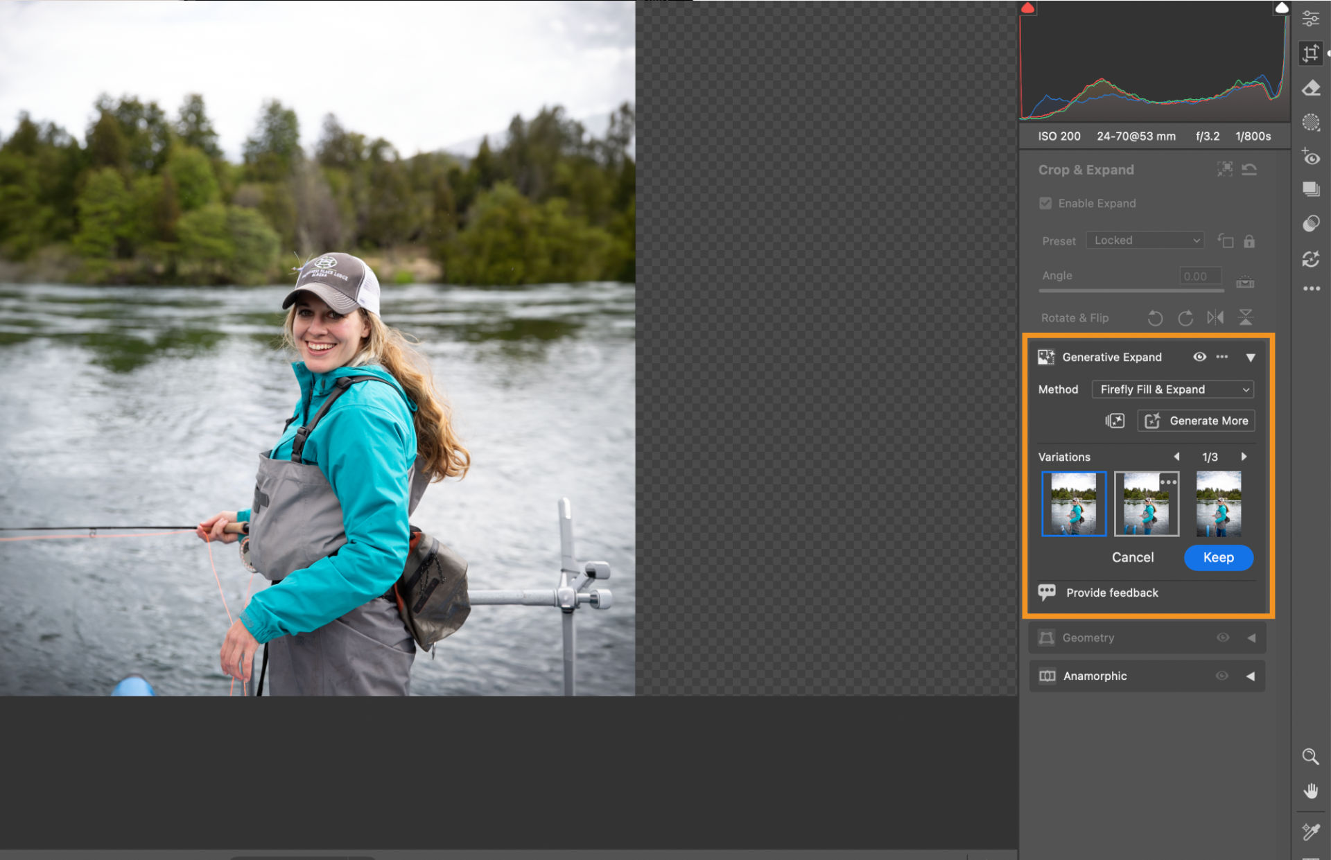 a photo's dimensions are extended and filled with Adobe Camera Raw's Generative Expand feature.