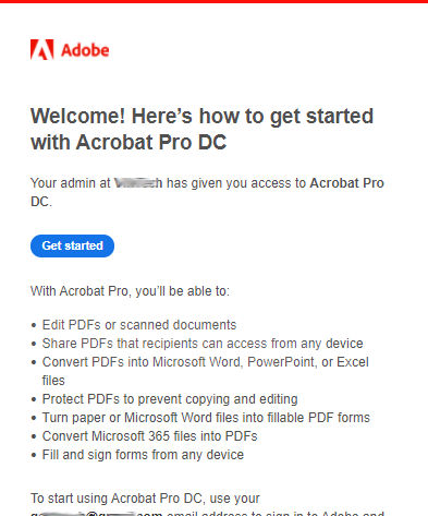 Get Started email from Acrobat