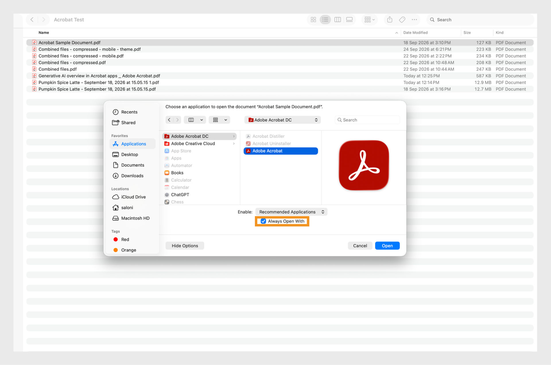 The 'Open With' dialog provides options to select an application to open a PDF and set it as default.
