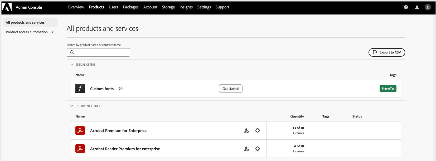 Acrobat Admin Console page displays the licenses for Acrobat Premium for enterprise and Acrobat Reader Premium for enterprises.