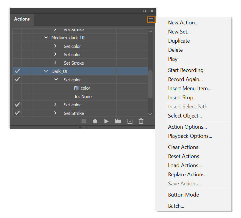 Options de menu du panneau Scripts
