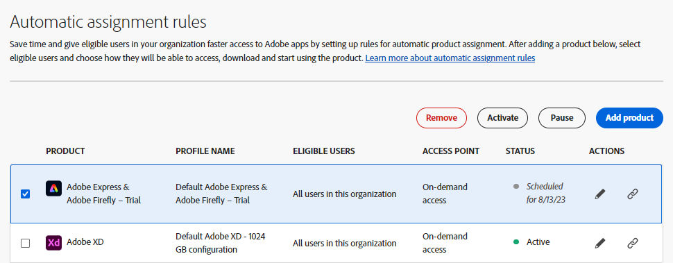 The automatic assignment rules page with Adobe Express and Adobe Firefly - trial offer selected