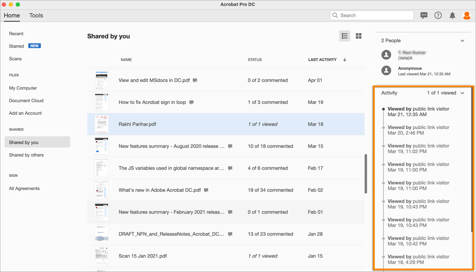 Activity on shared document
