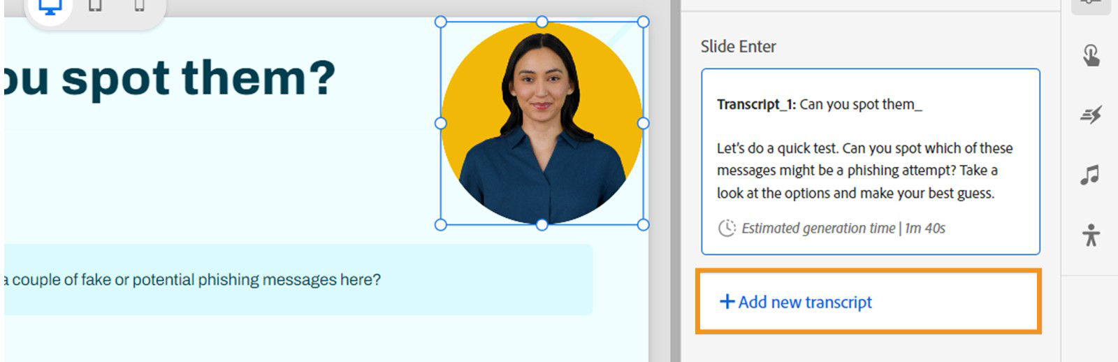 Select Add new transcripts to add more transcripts on the slide