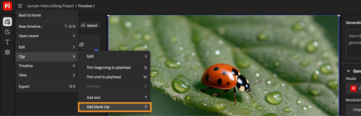 Place the playhead in the timeline where you to add a blank clip and select Add blank clip from the Clip menu.