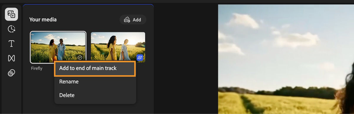 The Your media panel is populated with a media clip and displays the context menu with the option to Add media to end of track.