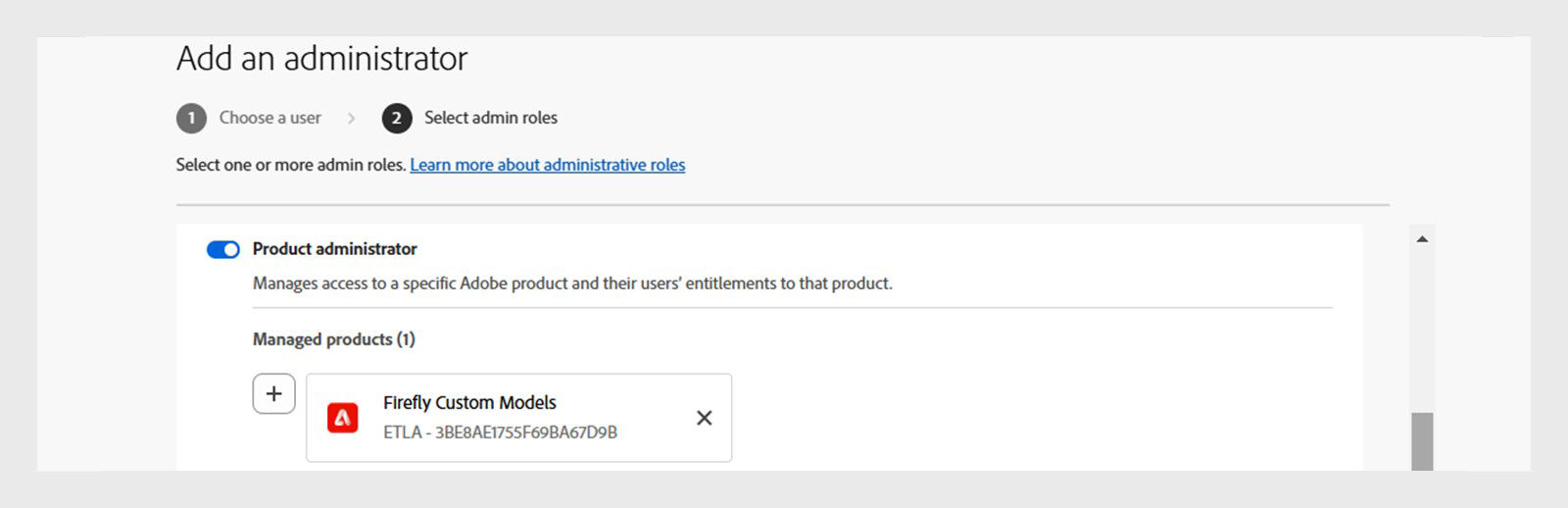 The add administrator wizard with the user assigned as the Product admin for Firefly Custom Models