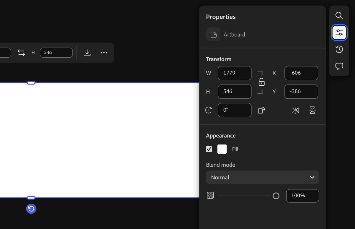 The artboard is selected and the Properties panel is open to adjust its properties, including transparency, color, and Blend mode.