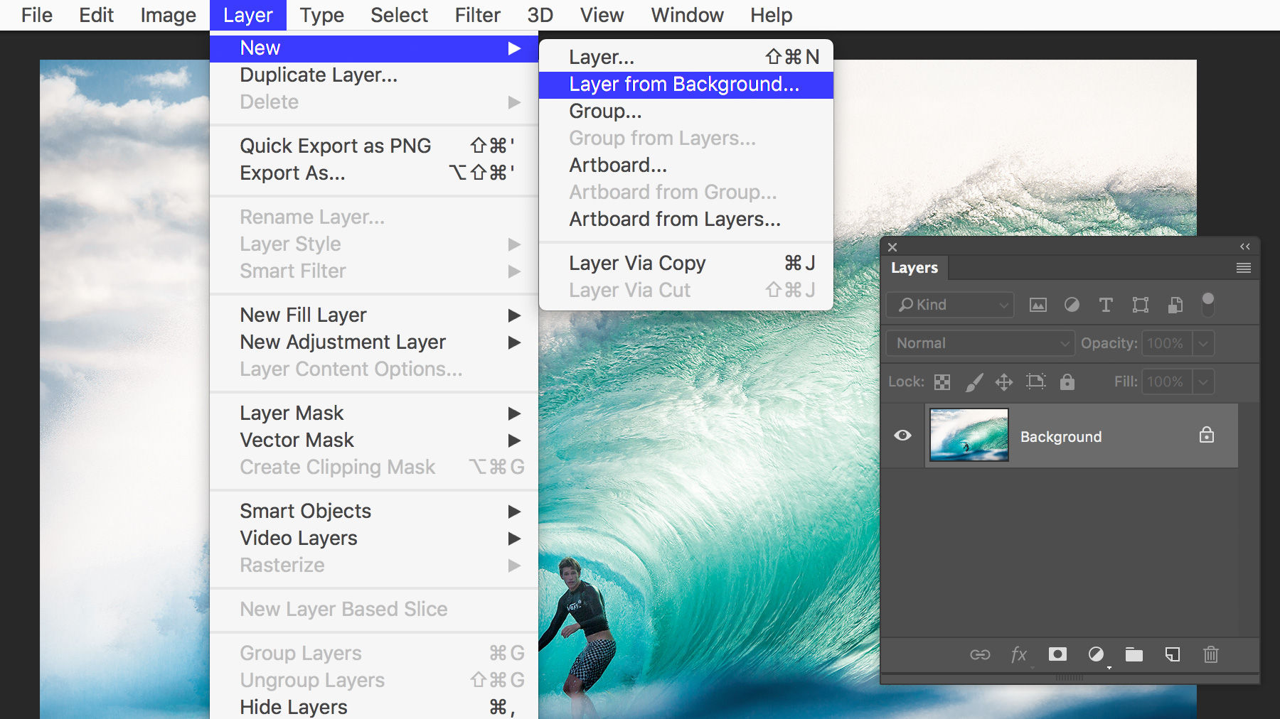 Layer menu with New > Layer from Background is selected over artwork of a man surfing. Layer panel is open.