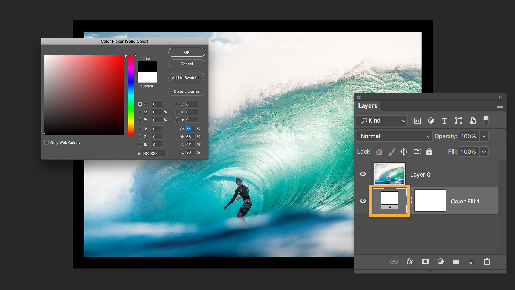 Color swatch in Layers panel > adjustment layer is highlighted, Color Picker box is open with black selected as border color