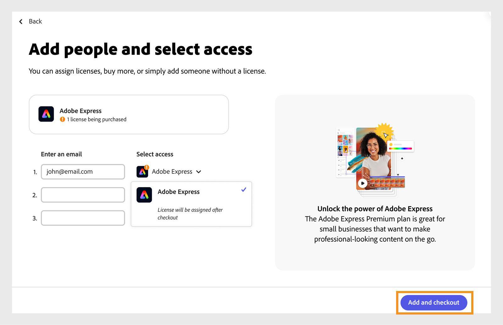 The image displays the add people screen with options to add email and select apps. Select app popup says license will be purchased on checkout.