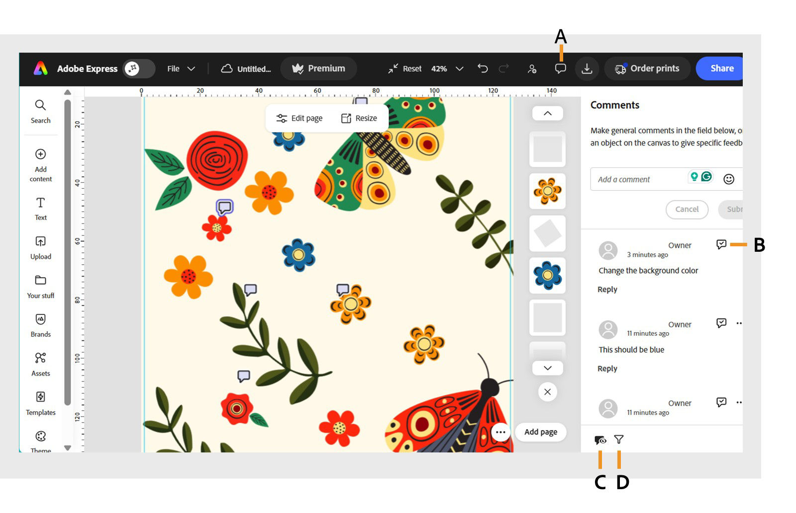Adobe Express editor showing a design with the Comments panel open on the right and comments anchored to design elements.