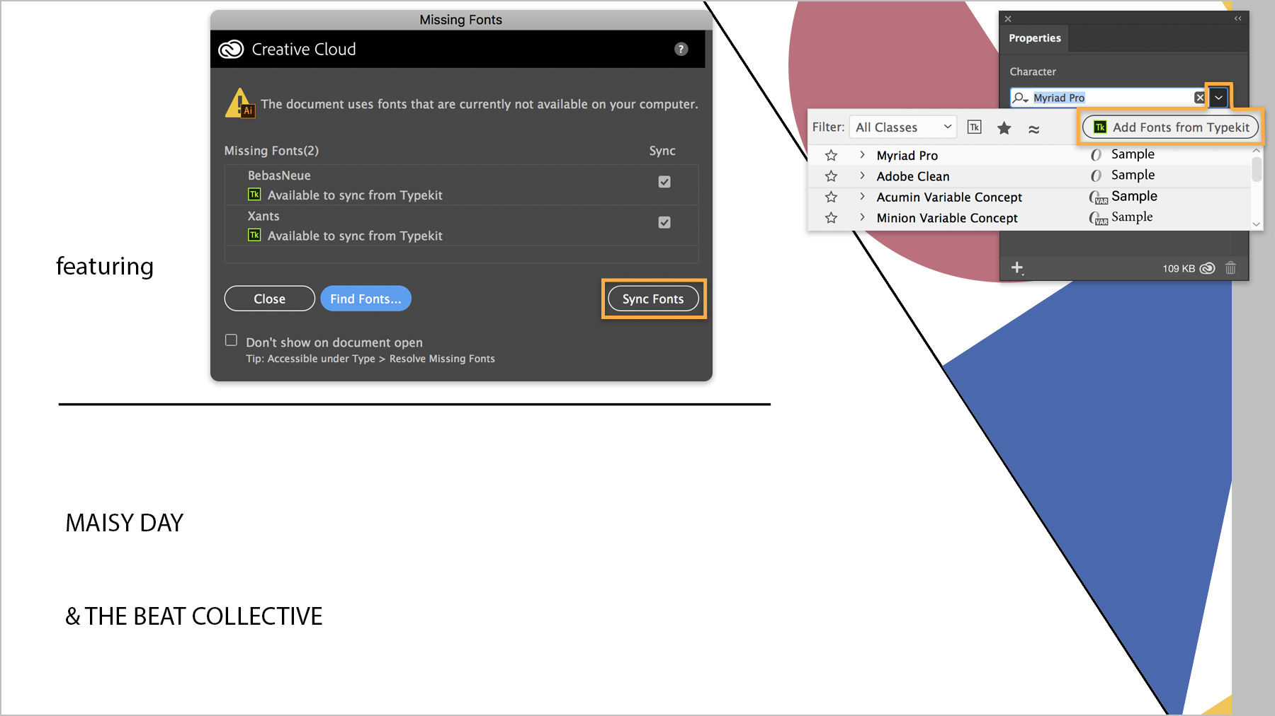 Missing Fonts window pops up when a practice file is opened. “Sync Fonts” and “Add Fonts from Typekit” are highlighted. 