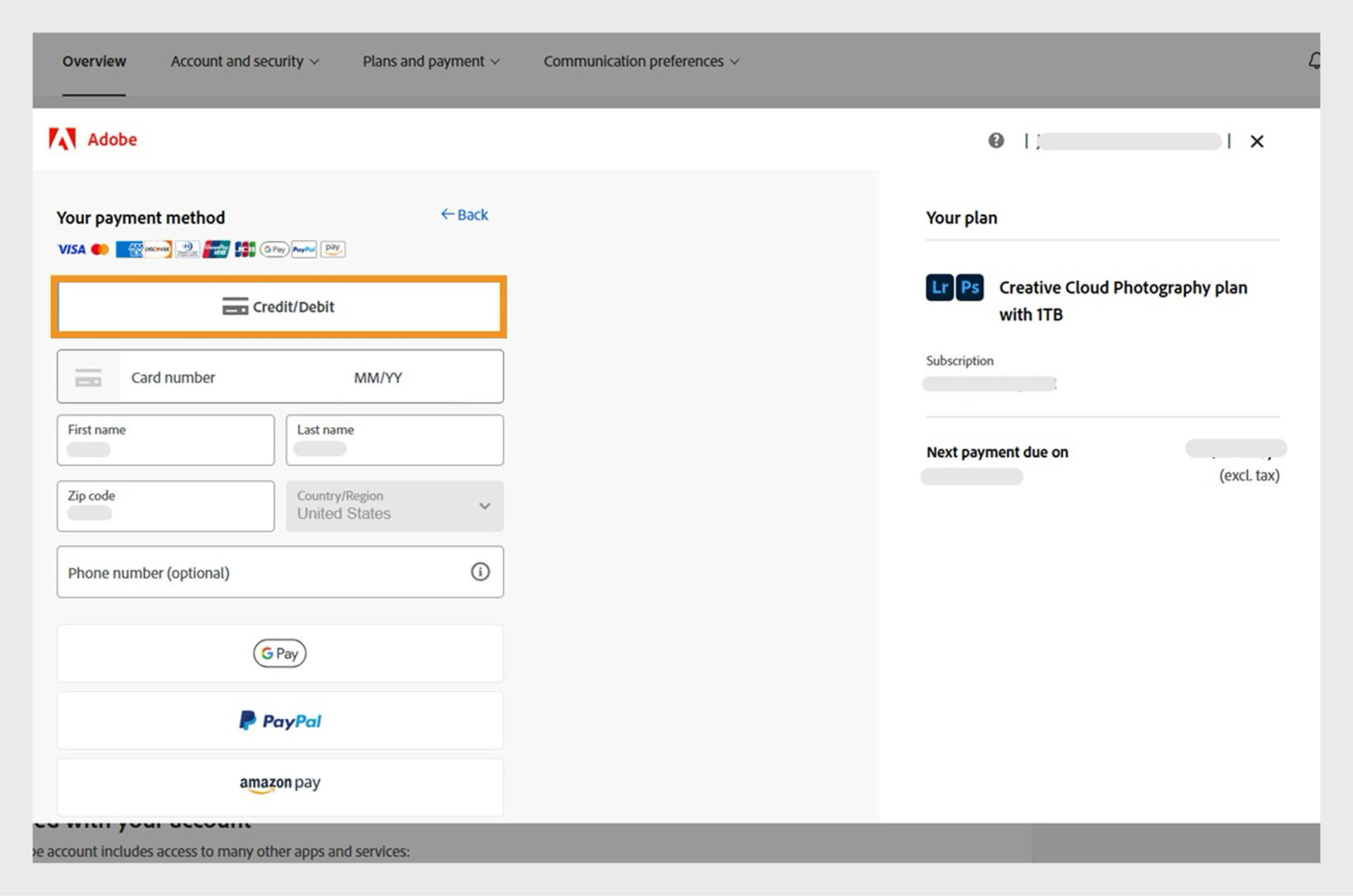 Your payment method window shows available payment methods. Selecting a payment method displays fields to enter payment details. 