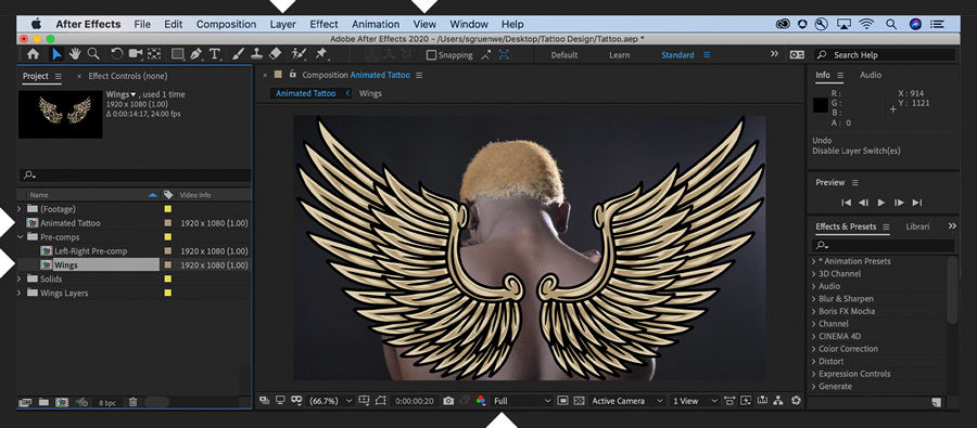 Large golden angel wings are added to a layer at the same resolution as the image of the man’s back.