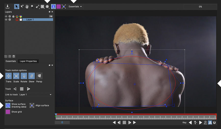 The Mocha AE Plug-in is used to draw an ellipse over the man’s back to track the surface.