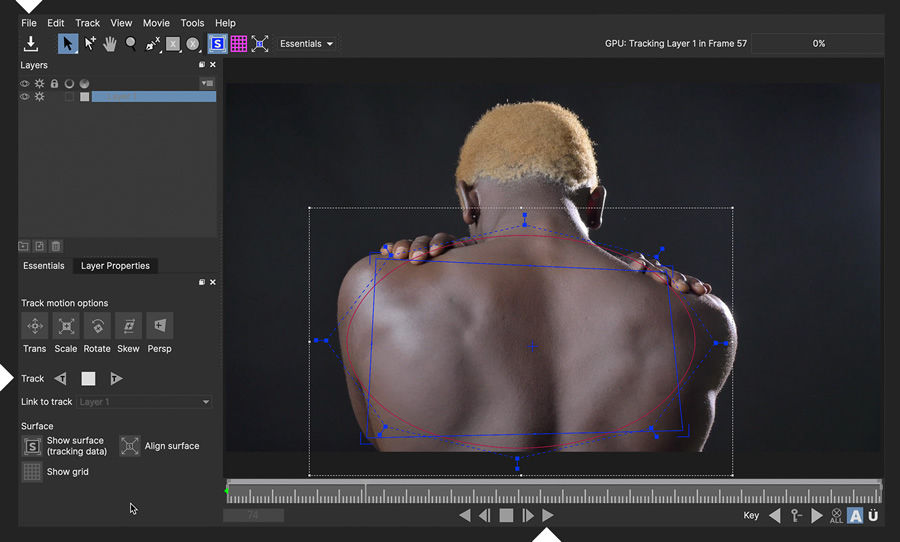 Man’s back with ellipses is displayed. Drag Playhead to beginning of timeline, click Track Forward, scrub playhead, save file